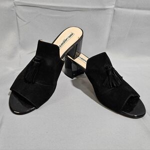 KARL LAGERFELD Black Suede Leather HETTIE Peep Toe Tasseled Heels Pumps Size 9